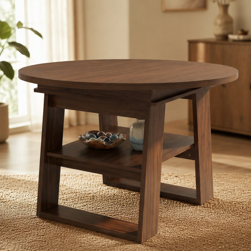 Table de salle à manger extensible ronde 43,3 "à 59" pour 4-6, table de cuisine ronde à ovale avec rallonge rabattable intégrée, base stable en H et tablette de rangement, noyer