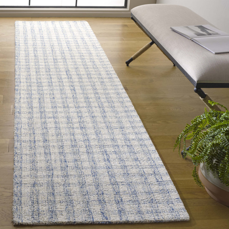 Plaid Wool Hand Tufted Area Rug, Runner 69 x 274 cm