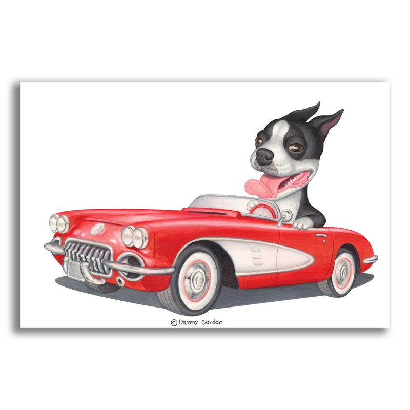 Boston Terrier dans une corvette rouge sur impression plastique / acrylique, H 12 po x l 16 po x P 0,13 po