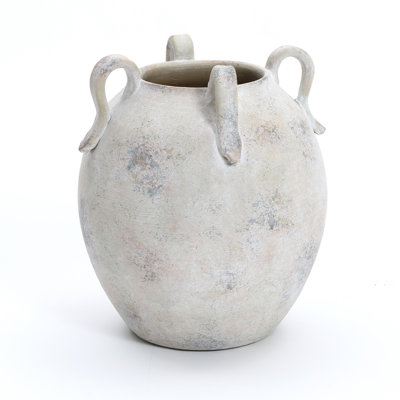 Vintage Mutli-Color Gray and White Terracotta 11-Inch Round Amphora Vase with Handles