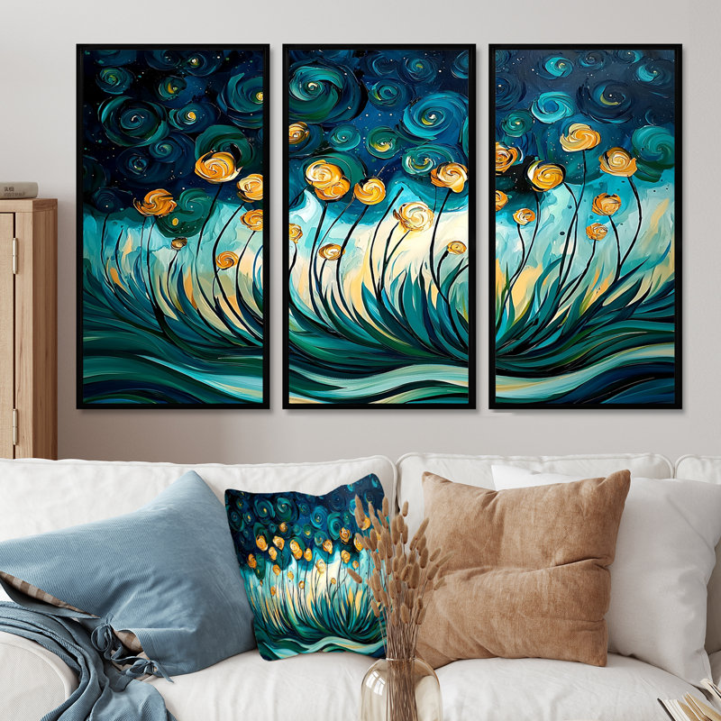 «Green and Yellow Herbs Chive Symphony III», ensemble d'art mural herbes florales, H 28 po x l 36 po x P 1 po
