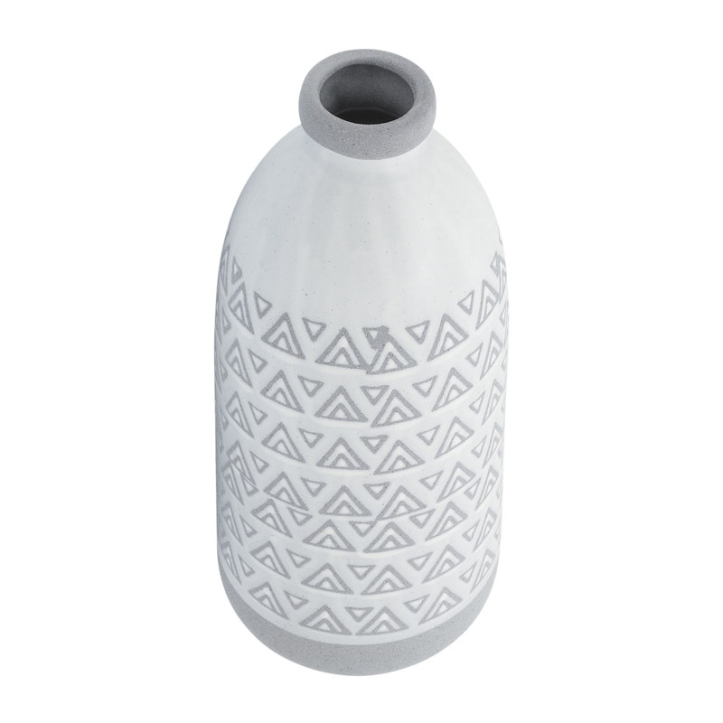 Parrottsville Stoneware Ceramic Vase with Carved Geometric Pattern and Boho Textured Design, 14" H x 6" W x 6" D, Light Grey