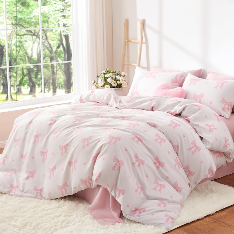 Ensemble d'édredon à motif de nœuds roses et fantaisie Coquette Bowknot Bedding, Édredon simple + 1 taie d'oreiller standard