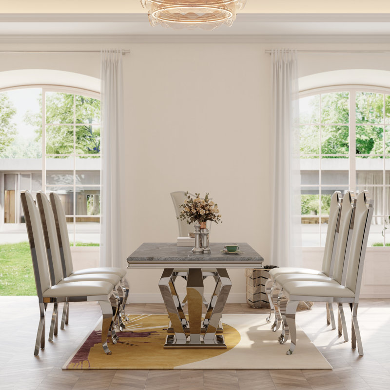 Elegant And Modern White Faux Leather Dining Chairs With Silver Legs, 6