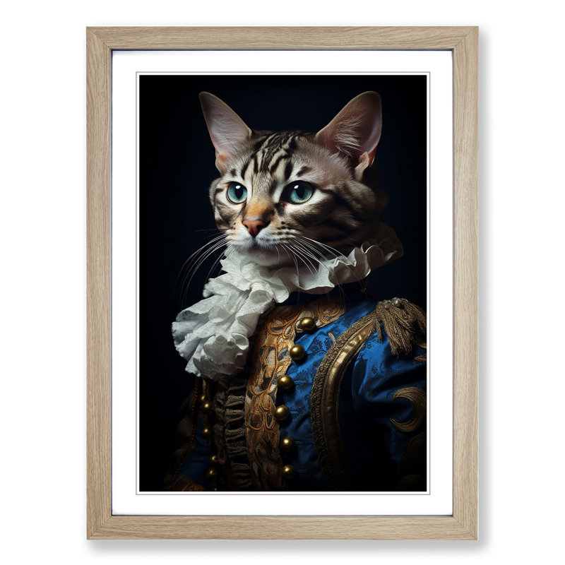 Bengal Cat Rococo Art - Framed Print, 34cm H x 25cm W x 2cm D, Oak Framed