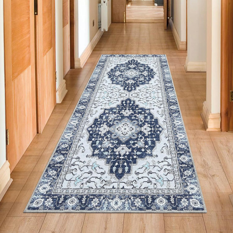 Boho Printed Area Rug – Soft Washable Carpet, Distressed Pattern, Non-Slip, Foldable, Low Pile for Living Room, Bedroom, Office (Blue)