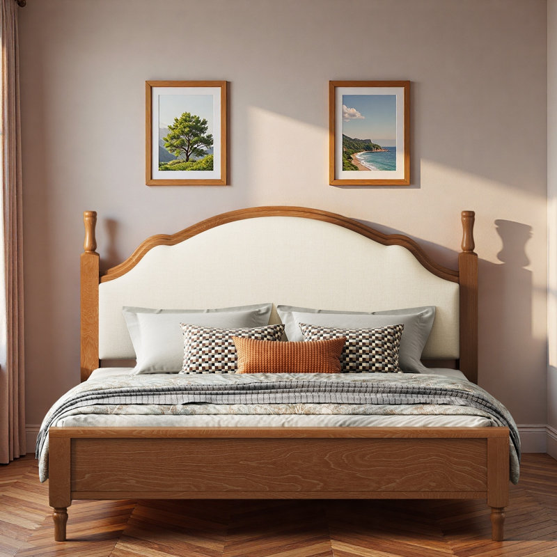 Lit plateforme en bois avec tête de lit tapissier et pieds robustes, Grand, Brun / beige