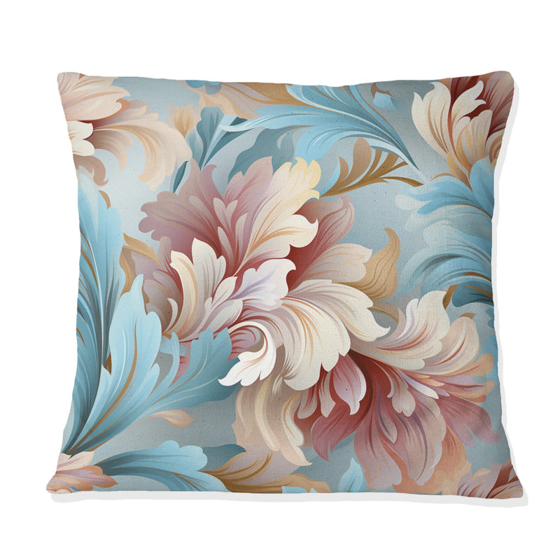 Rose et bleu damassé en fleurs - Coussin Abstrait corail multicolore abstrait - Coussin, H 18 po x l 18 po