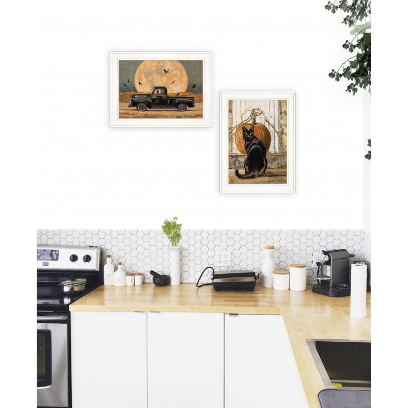 Ensemble de deux reproductions d'art mural lune avec un chat et un camion, Cadre blanc, H 35 po x l 19 po