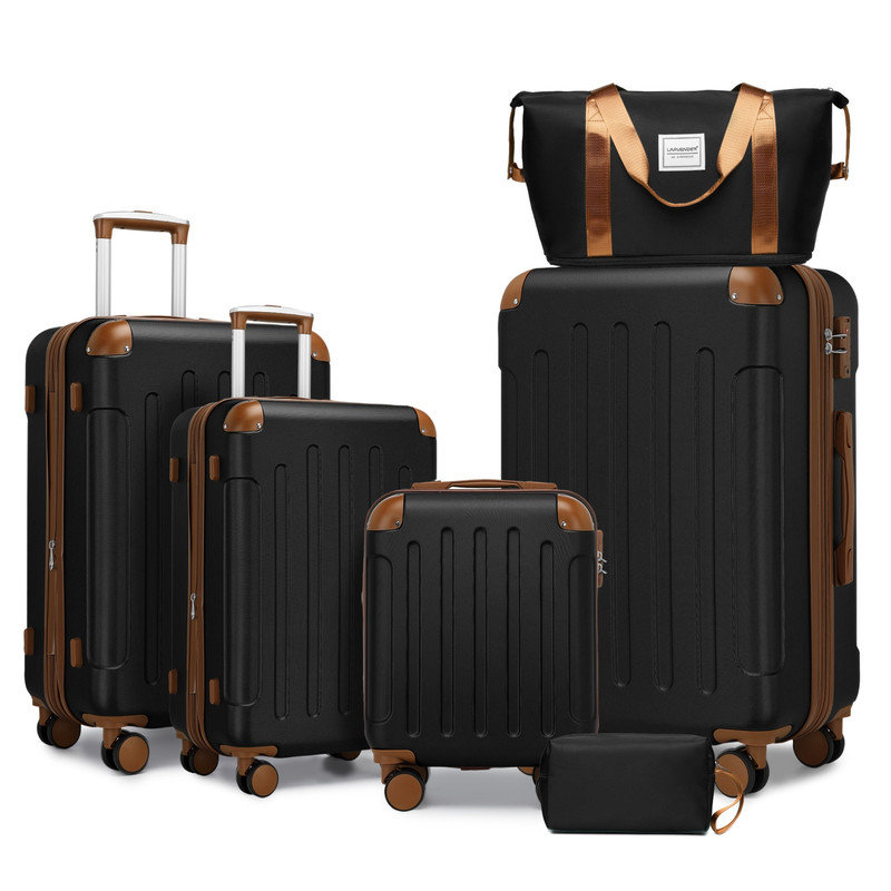 Ensemble de 6 valises rigides avec valises extensibles, sacs de sport et roulettes à verrou TSA pour voyage en famille en noir