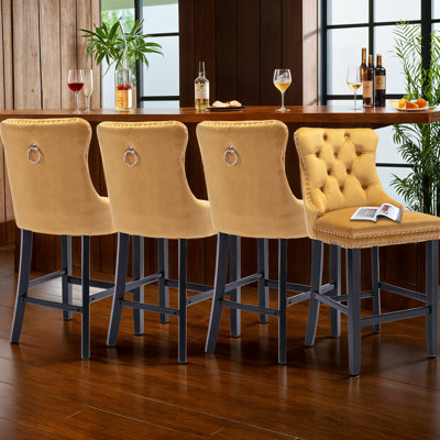 Velvet Upholstered Bar Stool with Button Tufted Back (Set of 4)