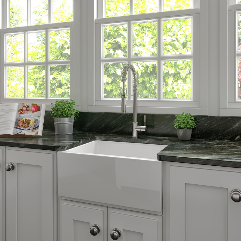 Fireclay Venice Front Reversible 24" L x 18" W Farmhouse/Apron Kitchen Sink with Accessories, White Gloss