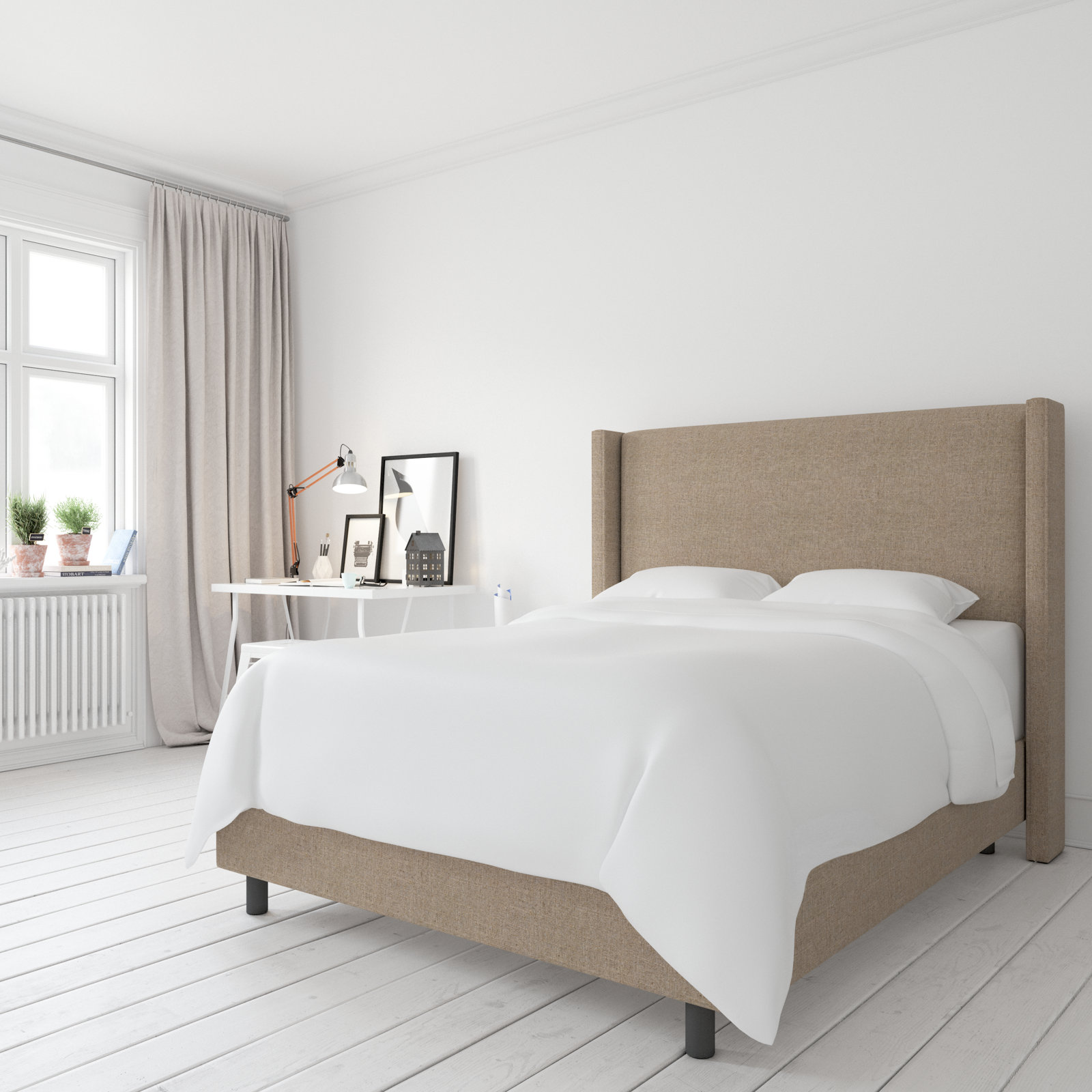 Hanson Linen Upholstered Wingback Bed, King, Classic Sandstone Linen