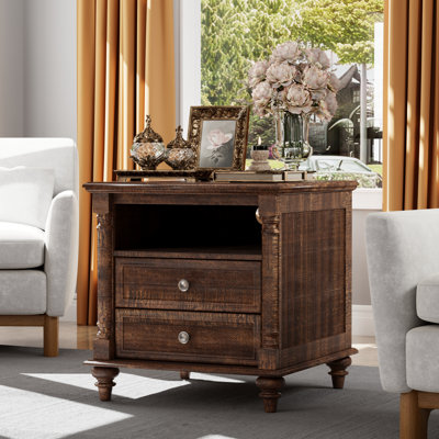 24" Farmhouse Side Table with Charging Station & Large 2 Drawers