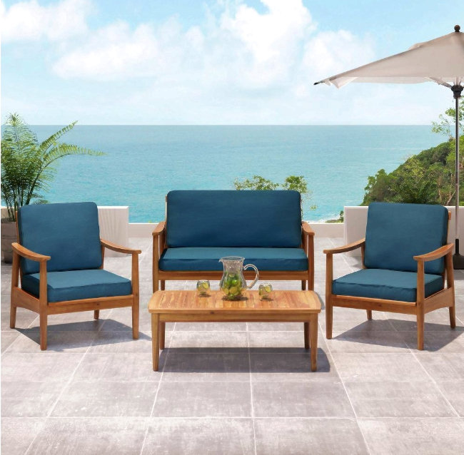 Teak Brown 4-Piece Wood Outdoor Patio Conversation Seating Set With Dark Teal Cushions