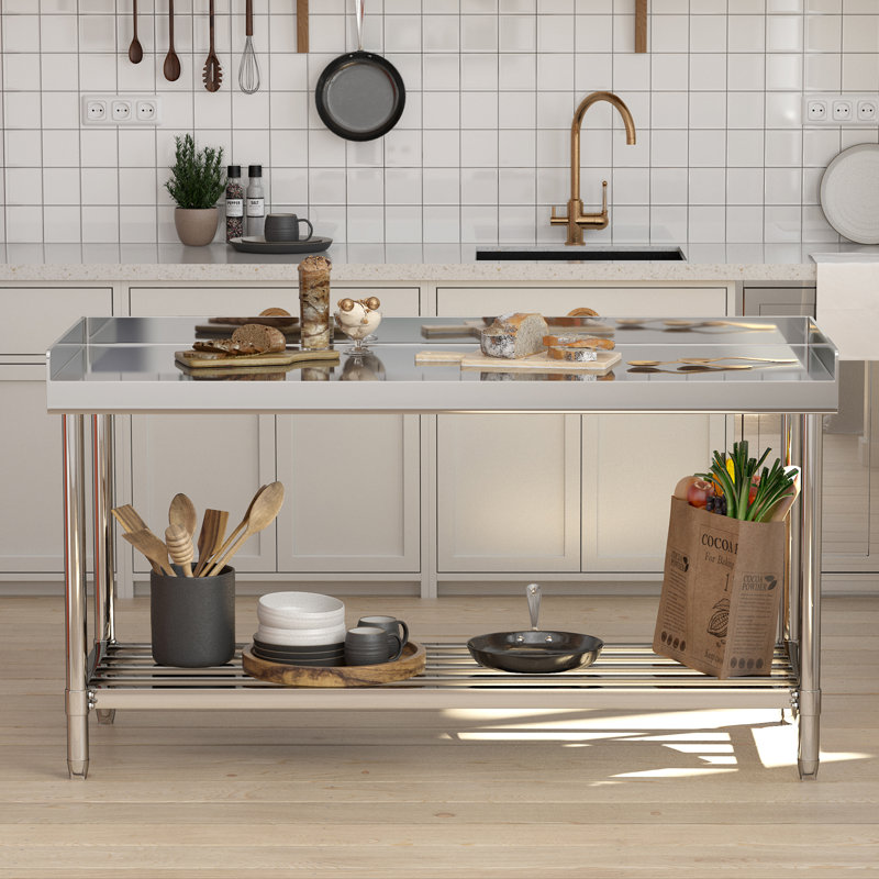 Table de travail de bureau robuste en acier inoxydable avec dosseret à trois côtés - Tablette réglable, bureau de préparation commercial pour restaurant, maison, cuisine, espace de travail - Taille: 48 po x 24 po