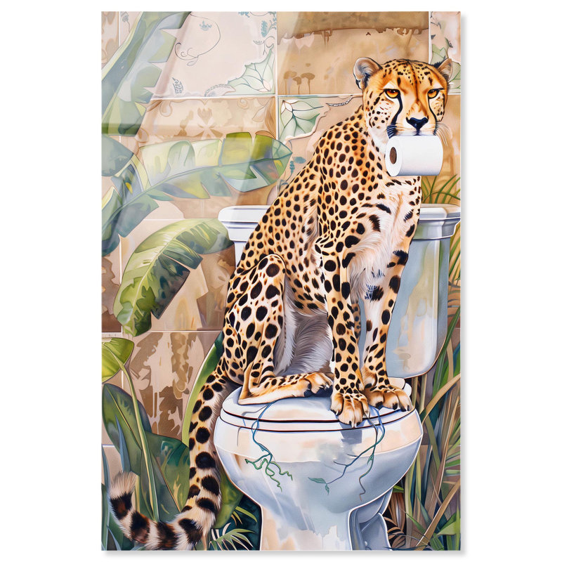 Art mural en verre acrylique sans cadre pour salle de bain Cheetah toilettes par Art Remedy, prêt à accrocher, 20 x 30
