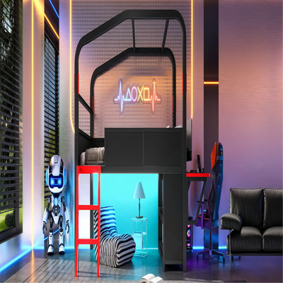 Lit mezzanine bas avec bureau latéral et ports USB, lit mezzanine en métal de style jeu avec lumières à DEL, armoires de rangement et auvent chic, noir