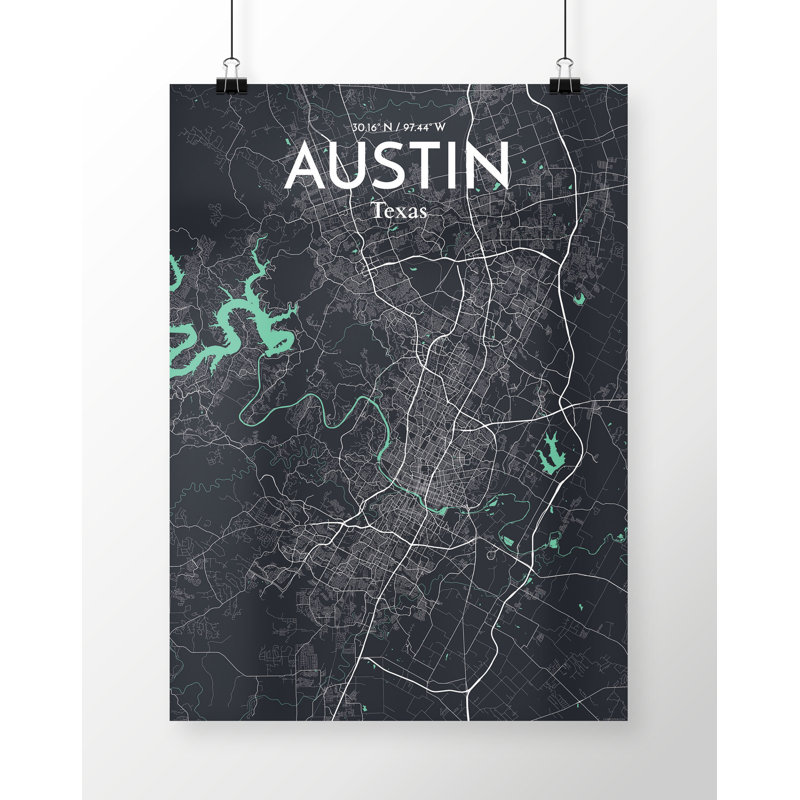 Austin City Map - No Frame Print, 91.4cm H x 61cm W x 0.13cm D, Black