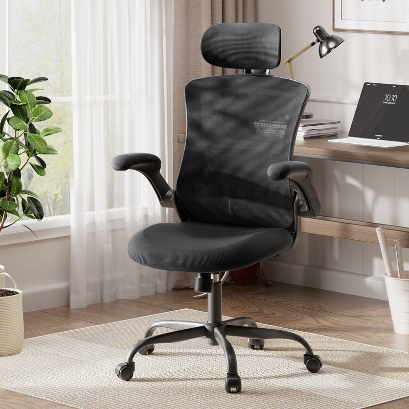 Chaise de bureau ergonomique en filet avec accoudoirs relevables Inbox Zero, Tout noir