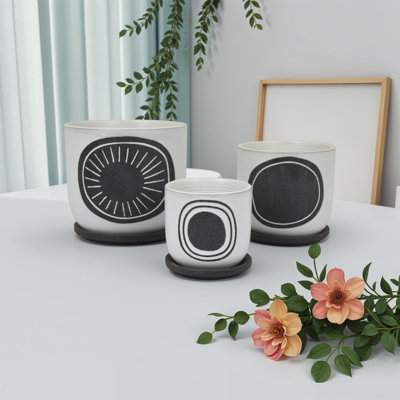 Ensemble de pots de jardin 3 pièces Meon, motif texturé en céramique blanche et noire