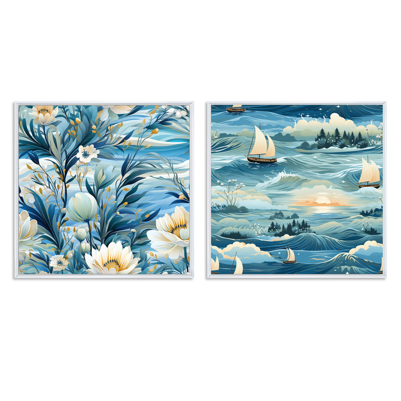 Alleta - Ensemble de 2 collages nautiques et carrés de plage, Cadre flottant blanc, H 30 po x l 61 po