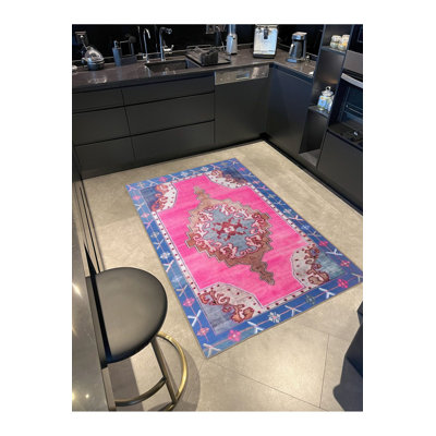 Machine Washable Traditional Motif Patterned Blue and Pink Vintage Decorative Area Rug