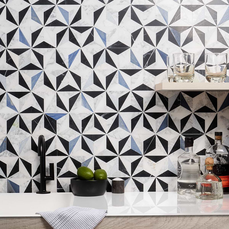 Phantasm 14x18 Triangles Polished Mixed Marble Mosaic Tile, Winter Sky Blue/White