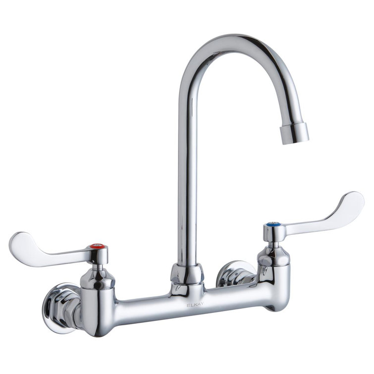 Elkay Scrub/Handwash 8" Centerset Wall Mount Faucet W/5" Gooseneck Spout 4" Wristblade Handles 1/2In Offset Inlet