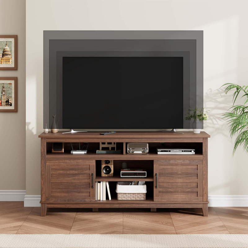 TV Stand for 63 in, Entertainment Center with Adjustable Shelves, Farmhouse TV Stand with Cabinet Doors, Brown