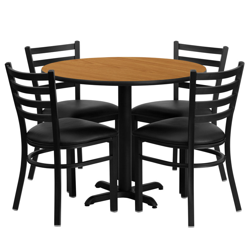 Jinnie 36'' Round Laminate Table Set with X-Base and 4 Ladder Back Metal Chairs, Natural, Burgundy