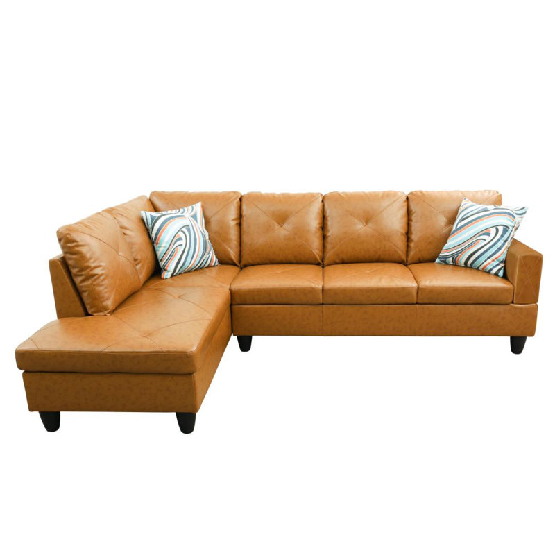Halid Wide Sofa & Chaise with Ottoman, Faux Leather Amber, Left Hand Facing