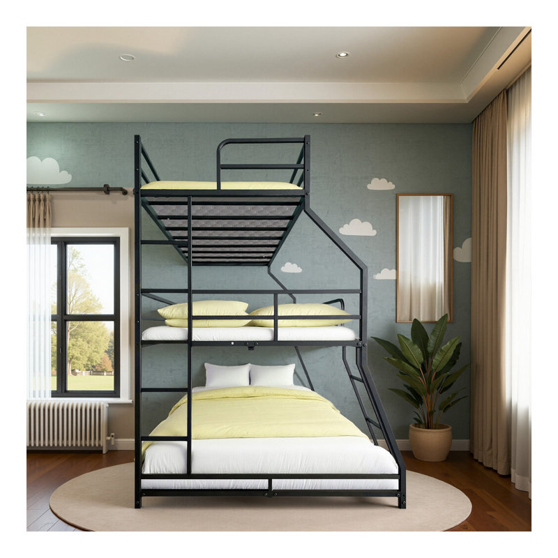 Lit triple avec échelle longue et courte et garde-corps pleine longueur, assemblage facile, pour enfant garçon, noir