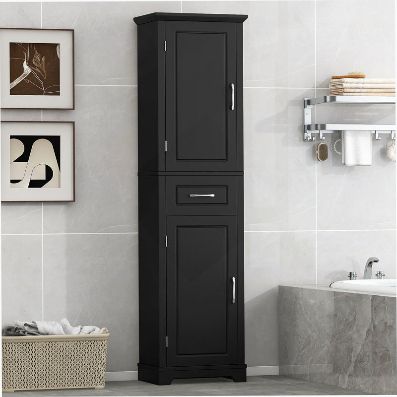 Grande armoire de rangement pour salle de bain, armoire de rangement autoportante avec deux portes et tablettes réglables, conception à étagère de porte, panneau de fibres à densité moyenne avec finition peinte, noir