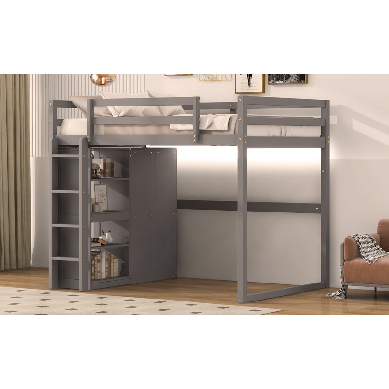 Wood Full Size Loft Bed With Built-In Wardrobe And Storage Shelves, Led Light, Gray