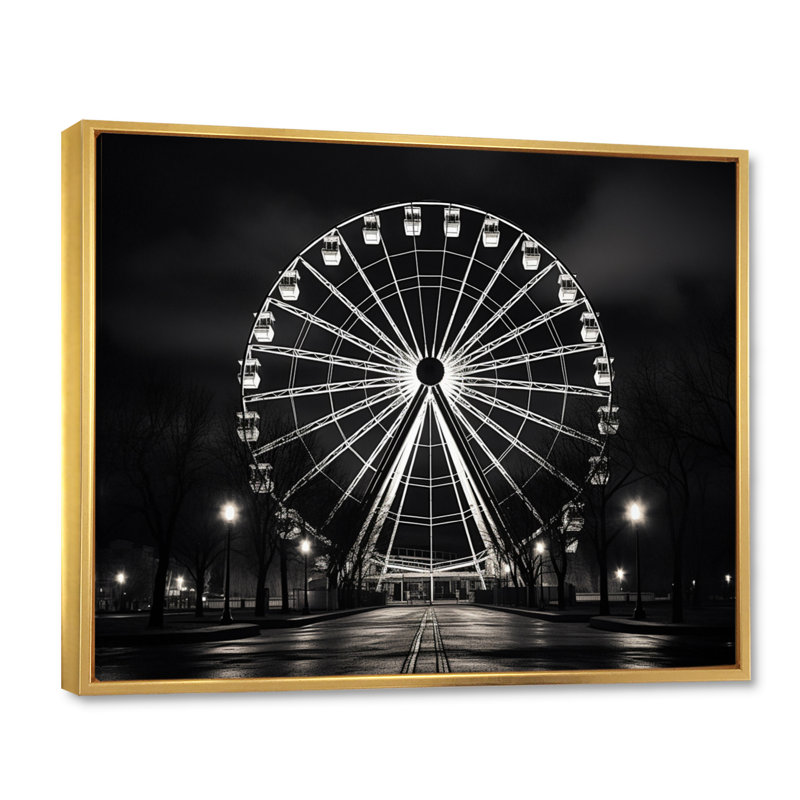 Carrousel de roue noire et blanche I - impression, Cadre flottant doré, H 30 po x l 40 po x P 1,5 po