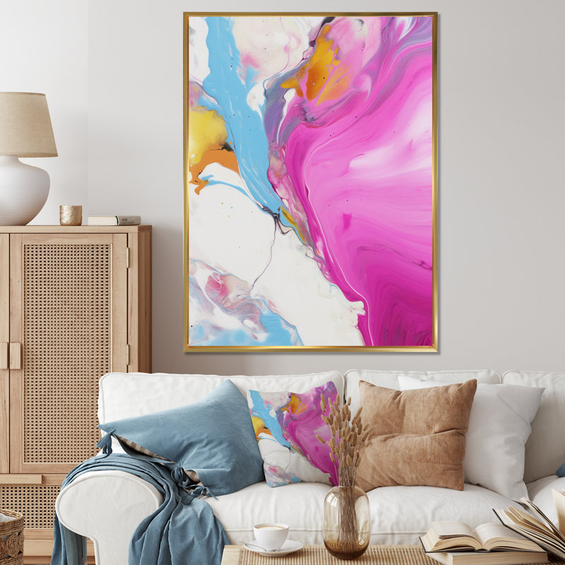 Rose fuchsia et illusions fluides bleu clair II, Cadre flottant doré, H 32 po x l 24 po x P 1 po