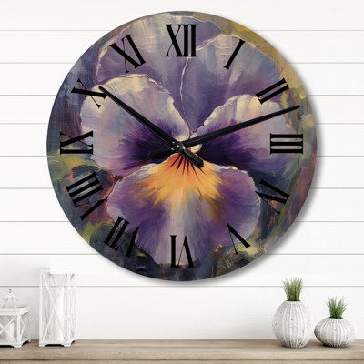 Horloge murale surdimensionnée en bois mauve et jaune Natures Pansies I