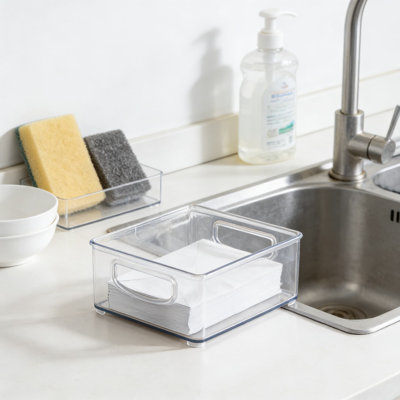 Clear Plastic Storage Bins With Handles, 2-Pack Stackable Organizer Containers For Office, Home, Cabinet, Shelf, And Drawer Organization