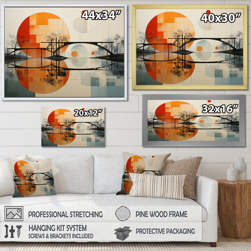 Orange Bridge of Dots II - reproduction imprimée, H 24 po x l 32 po x P 1 po, Cadre flottant blanc