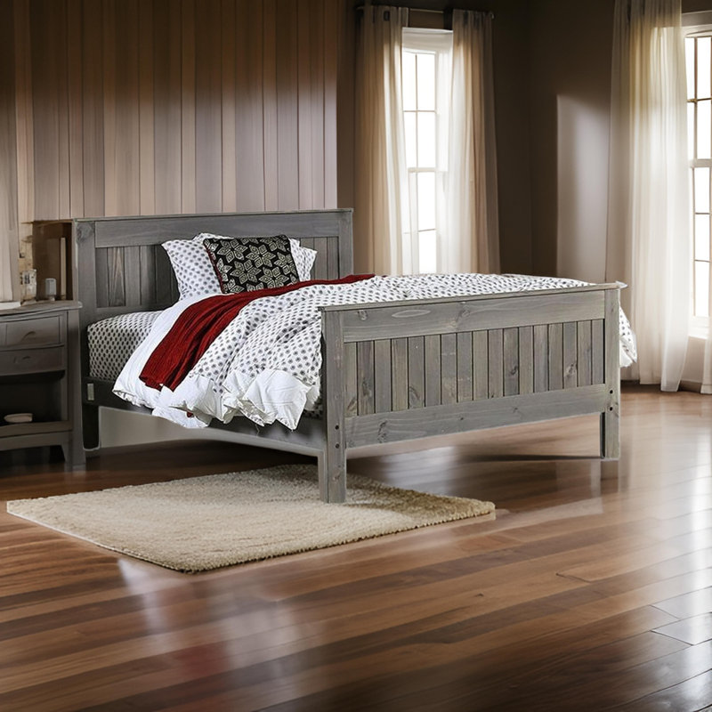 Waly Bed, Farmhouse Plank Style Design, Classic Pine Wood, Grand, Gris patiné