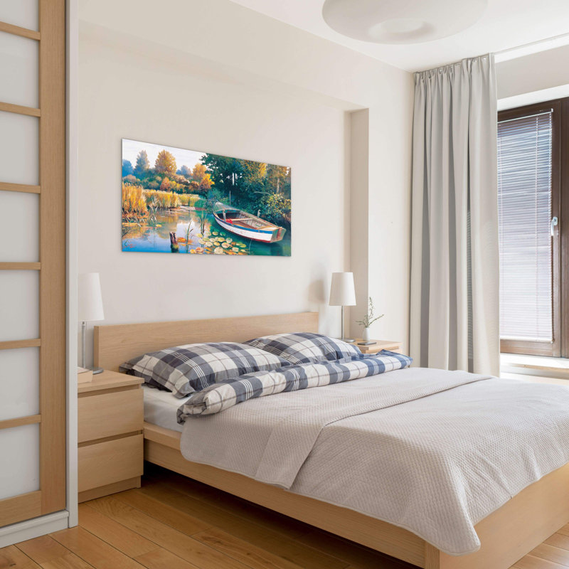 River Silent Boat by Art Studio 50cm H x 100cm W High Quality Print on Frameless Panel, Lightweight, Ready to Hang