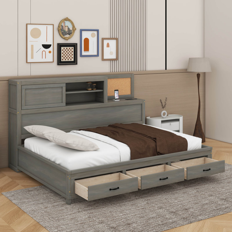 Lit de jour en bois pleine grandeur avec 3 tiroirs de rangement, tablette souple supérieure, tablette et ensemble de prises et ports USB