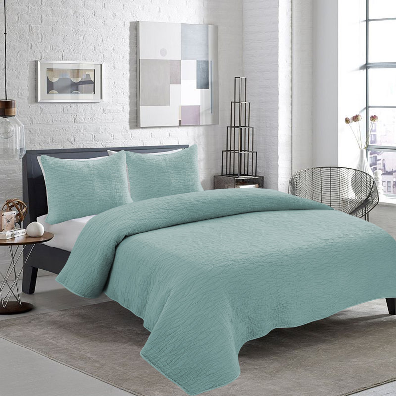Carson Cotton Reversable Quilt Set, Queen Quilt + 2 Shams, Mint