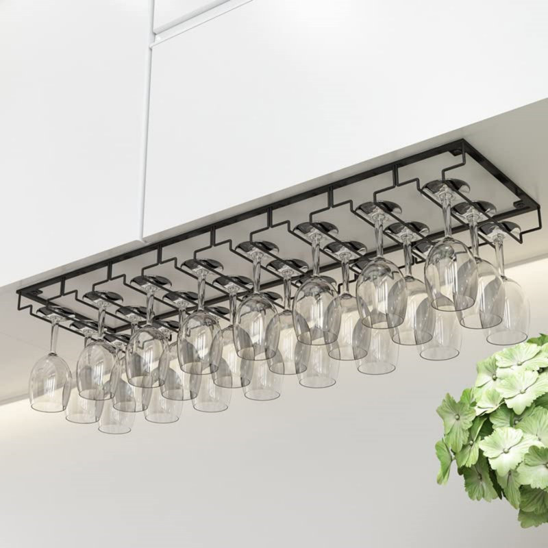 Hanging Wine Glass Rack Black, 6cm H x 80cm W x 22.5cm D