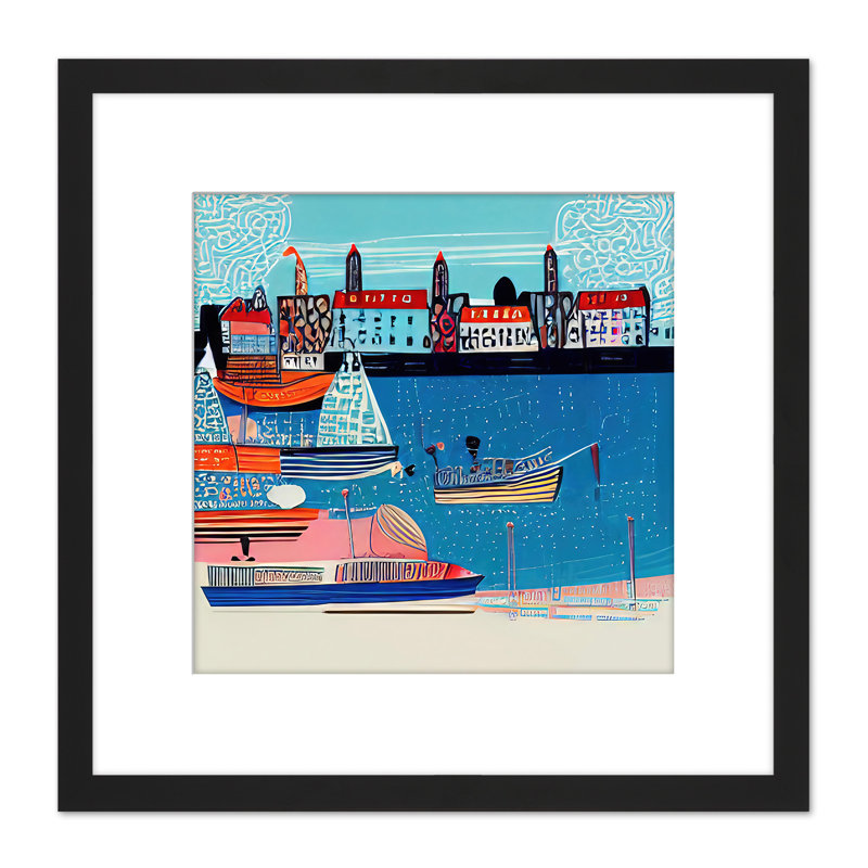 Fishing Village Summer Harbour Folk Art - Single Picture Frame Print