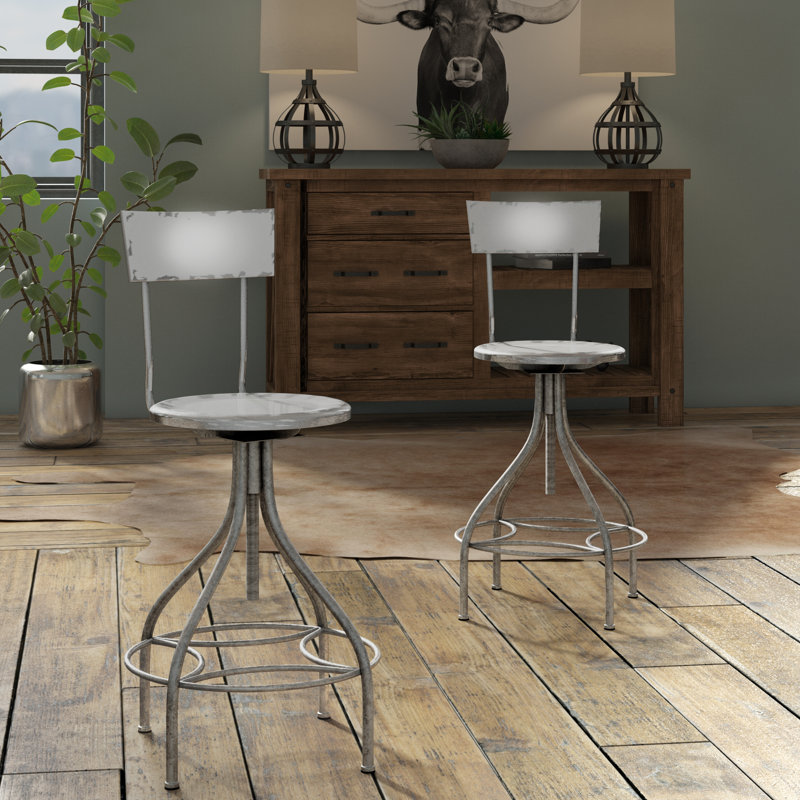 Nuri Metal Distressed Bar Stool with Gunmetal Legs and Backrest, Gray