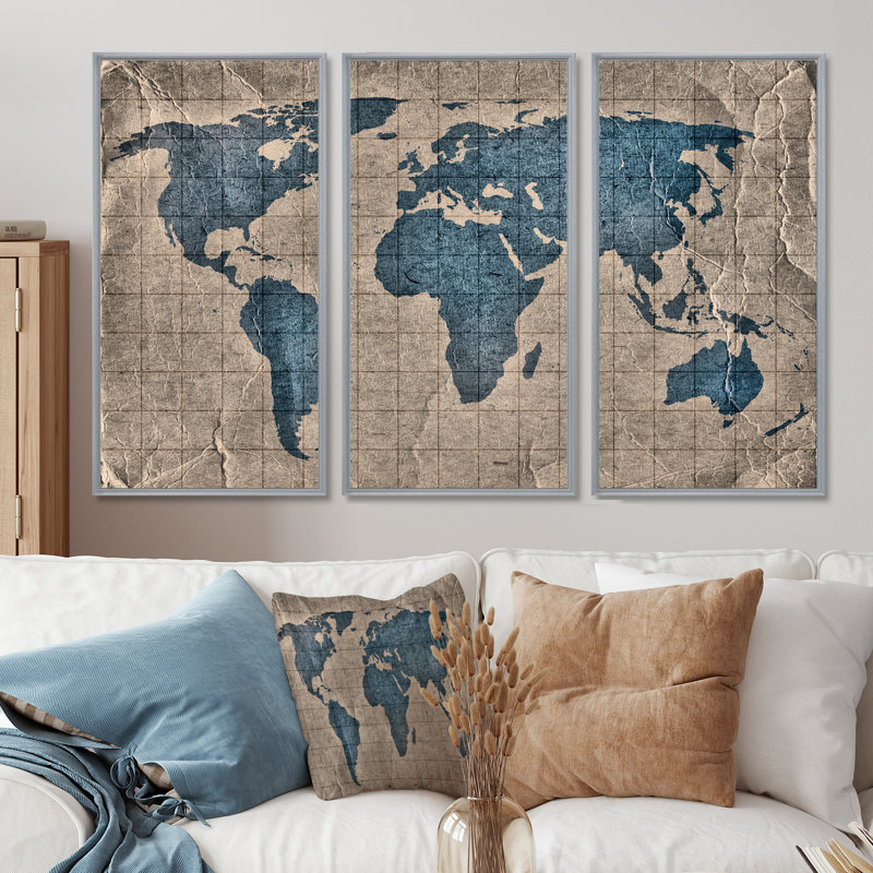Ancienne carte du monde I - 3 pièces sur toile, cadre flottant, 40" H x 60" W, Argent