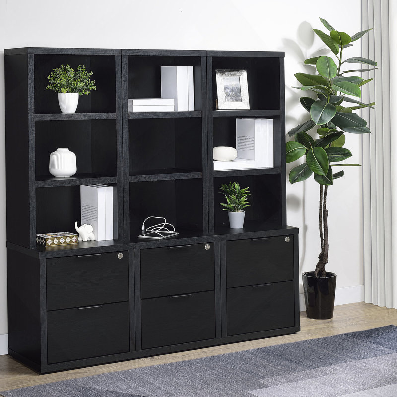 Bibliothèque à 3 tablettes avec port USB et tiroir verrouillable, Noir