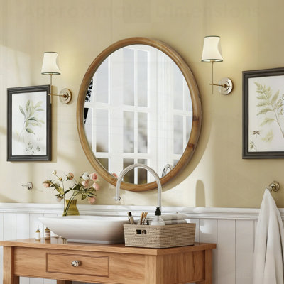 Miroir mural rond en bois, parfait pour les décors de style Mid-Century dans les salles de bain, les chambres et les vestibules